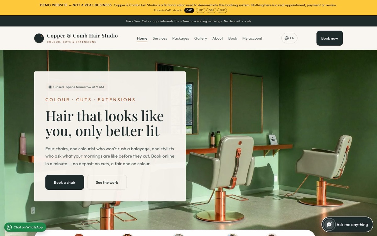 The Copper & Comb demo home page