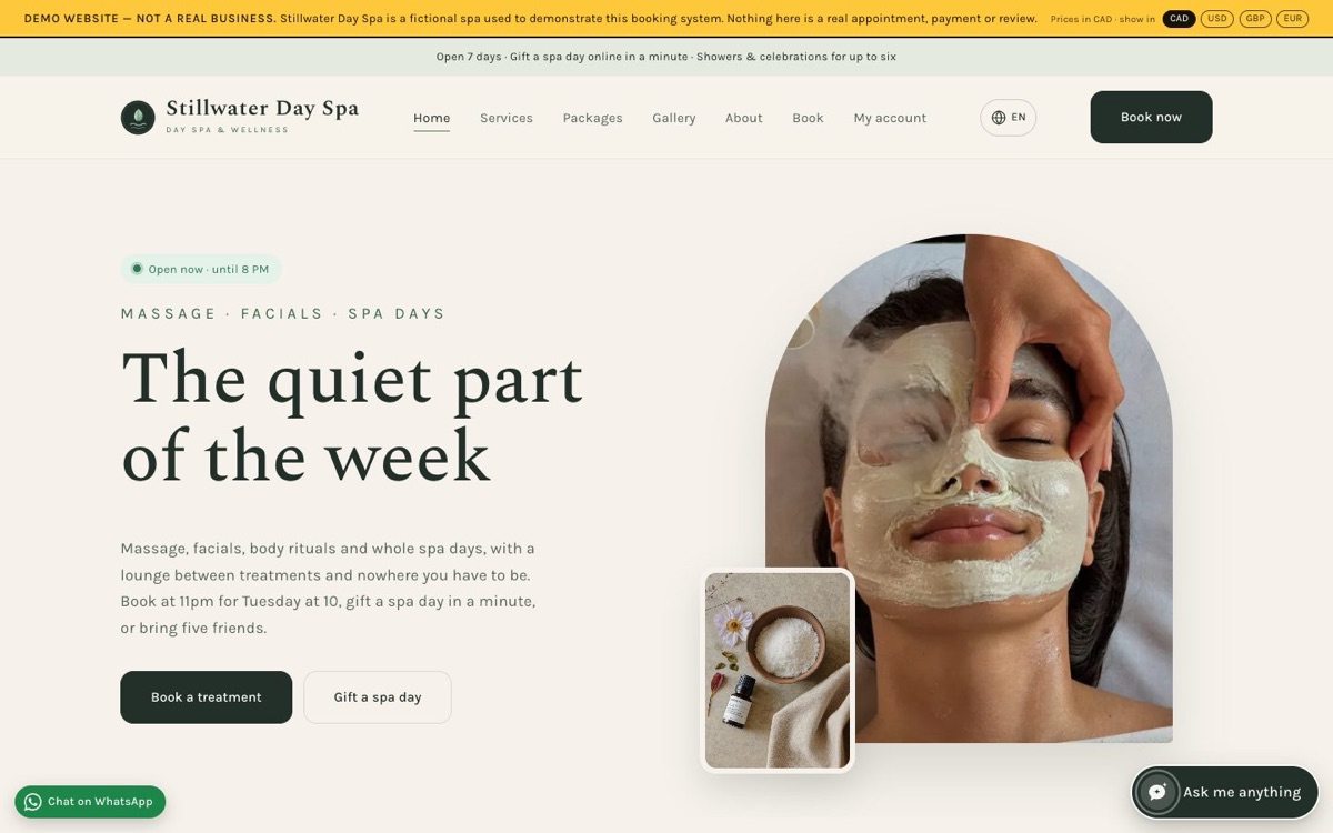 The Stillwater Day Spa demo home page